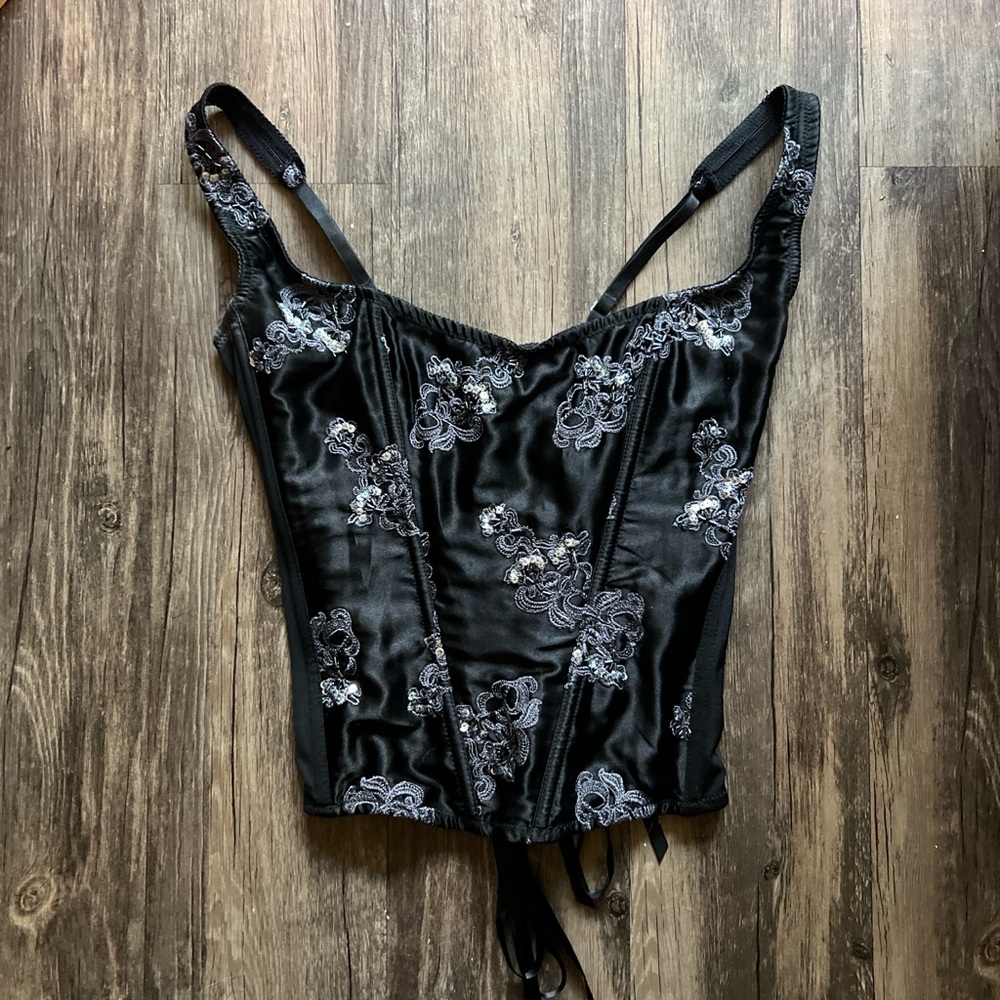 Black Satin Corset with Floral Embroidery